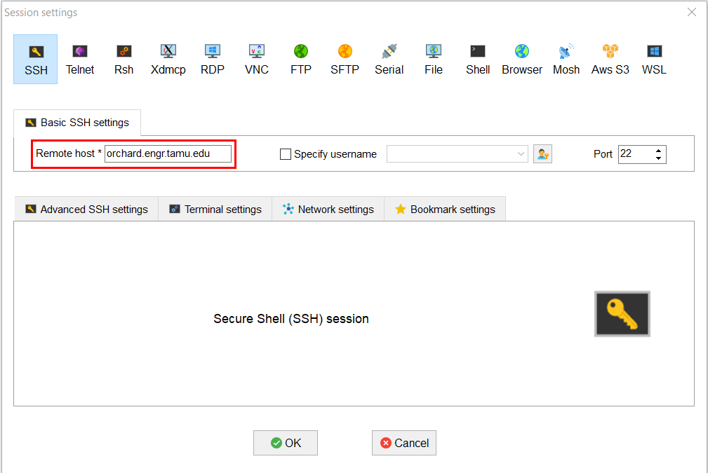 MobaXTerm SSH configuration dialog